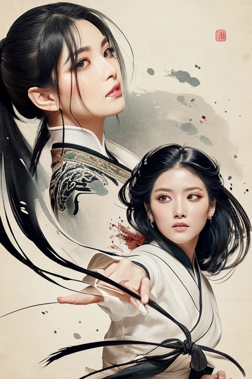 (best quality,highres,masterpiece:1.2),ultra-detailed,full body shot,beautiful detailed eyes,beautiful detailed lips,extremely detailed eyes and face,longeyelashes,sexy woman practicing Kung Fu,artwork made with traditional Chinese ink painting,graceful movements,flowing black hair,energetic and fierce expression,fit and muscular body,flexible martial arts poses,dynamic dark lighting,blending of traditional and modern elements,subtle color palette,ink wash painting style,brush strokes depicting power and elegance.