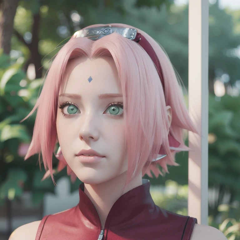 young woman, pale skin, short bubblegum pink hair, wide forehead, emerald green eyes, buttoned nose, peach lips, heart-shaped face, slender, red clothes, Sakura Haruno, 3d, realism, angelic face, maya in net
