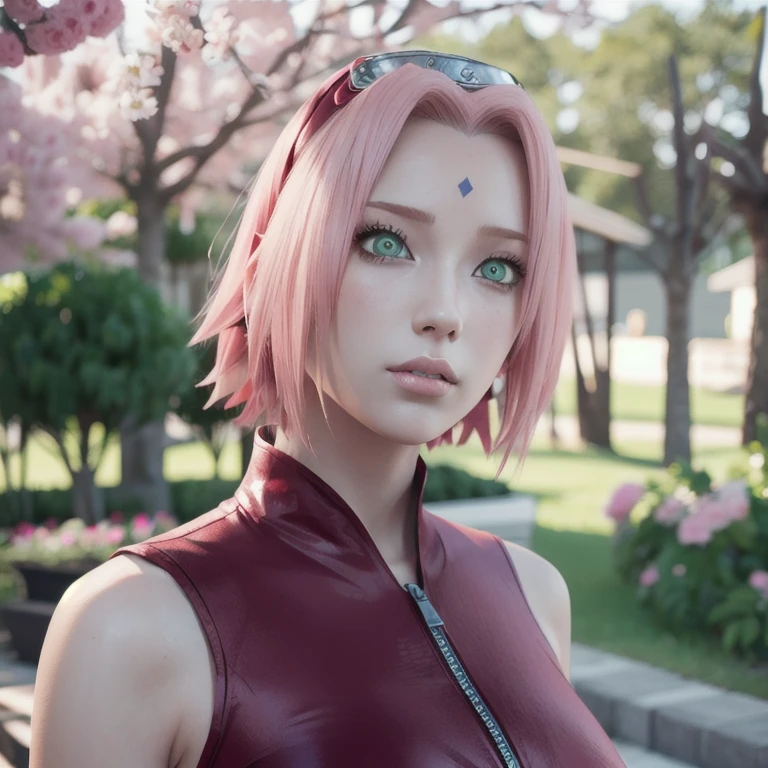 young woman, pale skin, short bubblegum pink hair, wide forehead, emerald green eyes, buttoned nose, peach lips, heart-shaped face, slender, red clothes, Sakura Haruno, 3d, realism, angelic face, maya in net
