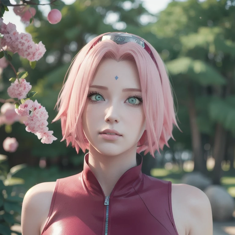 young woman, pale skin, short bubblegum pink hair, wide forehead, emerald green eyes, buttoned nose, peach lips, heart-shaped face, slender, red clothes, Sakura Haruno, 3d, realism, angelic face, maya in net
