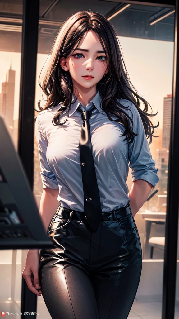 a beautiful clever girl, 20 years old, long wavy dark hair, confident office boss, genius, leader girl, independent, priceless, charismatic, sleek black suit, white shirt, black tie, expensive suit and shirt, sharp gaze, cool and calm, elegant ruler of office, office skyline, (best quality,4k,8k,highres,masterpiece:1.2),ultra-detailed,(realistic,photorealistic,photo-realistic:1.37),HDR,UHD,studio lighting,ultra-fine painting,sharp focus,physically-based rendering,extreme detail description,professional,vivid colors,bokeh,portraits