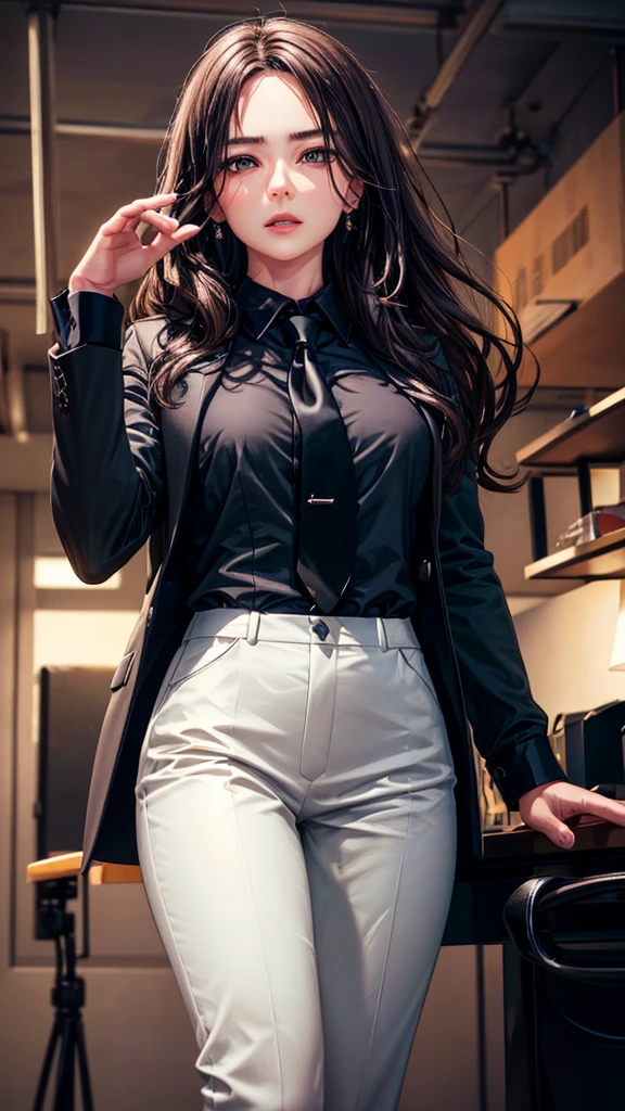 a beautiful clever girl, 20 years old, long wavy dark hair, confident office boss, genius, leader girl, independent, priceless, charismatic, sleek black suit, white shirt, black tie, expensive suit and shirt, sharp gaze, cool and calm, elegant ruler of office, office skyline, (best quality,4k,8k,highres,masterpiece:1.2),ultra-detailed,(realistic,photorealistic,photo-realistic:1.37),HDR,UHD,studio lighting,ultra-fine painting,sharp focus,physically-based rendering,extreme detail description,professional,vivid colors,bokeh,portraits