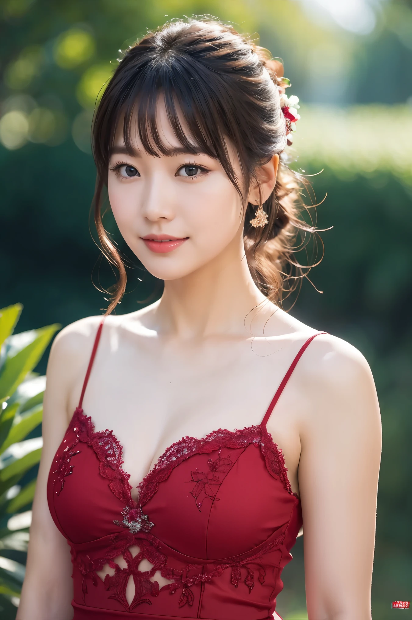 Medium Size Display, Medium Shot, Written boundary depth, Upper Body, Movie angle, masterpiece, highest quality, Very detailed, CG, 8k wallpaper, Beautiful Face, Delicate eyes, alone, smile, cute、red color dress