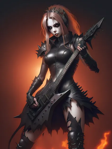 1 A woman wearing a MetalAI costume and holding a MetalAI guitar MetalAI MetalSinger, Ultra-realistic