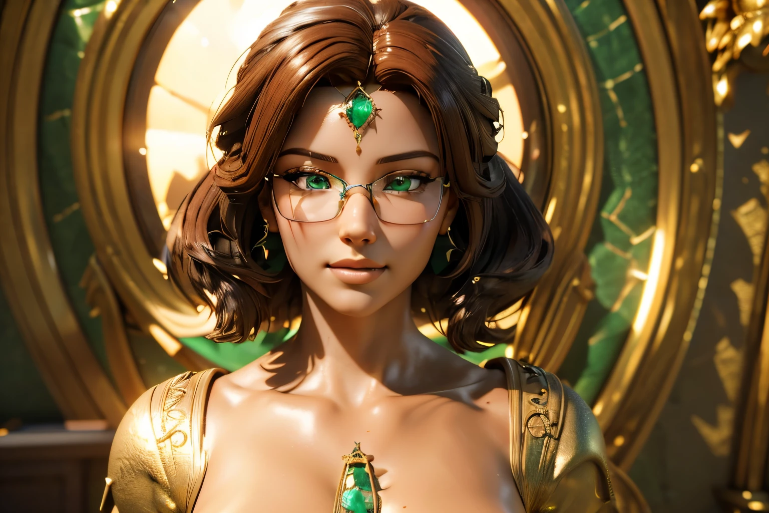 portrait. Bad. short, Red hair, green eyes, metal frame glasses, gold jewelry, Emerald jewelry, nude, skin shiny with moisture, smile girl 15 years old. ((elegance. Photorealism. Unreal engine. 3D model. Ultra high quality textures. high detail. Resolution 8K))