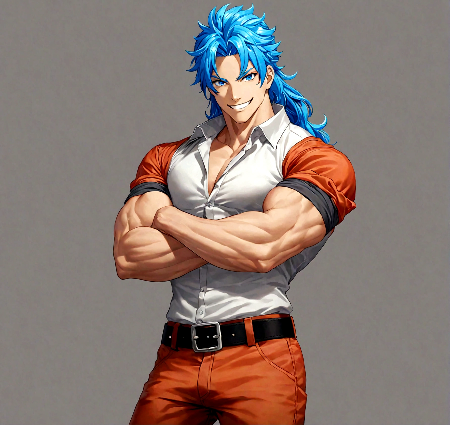 solo, long hair, looking at viewer, smile, blue eyes, simple background, shirt, 1boy, blue hair, male focus, cowboy shot, teeth, belt, pants, grey background, grin, muscular, own hands together, muscular male, sleeves rolled up, black belt