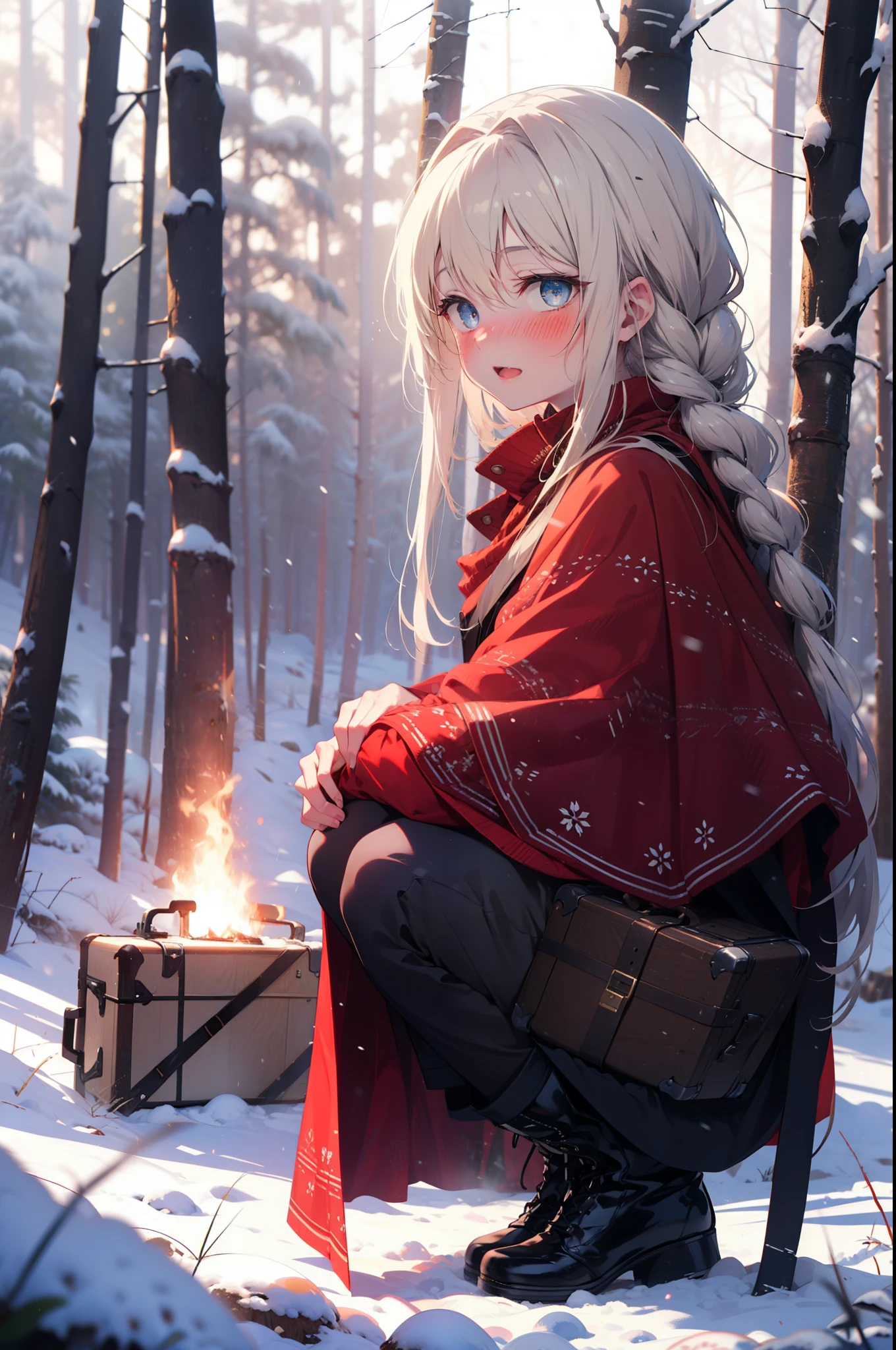 Arisburg, Alice Zuberg, bangs, blue eyes, blonde, Hair between the eyes, Very long hair, hair band, white hair band,smile,blush,White Breath,
Open your mouth,snow,Ground bonfire, Outdoor, boots, snowing, From the side, wood, suitcase, Cape, Blurred, forest, White handbag, nature,  Squat, Mouth closed,Cape, winter, Written boundary depth, Black shoes, red Cape break looking at viewer, Upper Body, whole body, break Outdoor, forest, nature, break (masterpiece:1.2), highest quality, High resolution, unity 8k wallpaper, (shape:0.8), (Beautiful and beautiful eyes:1.6), Highly detailed face, Perfect lighting, Extremely detailed CG, (Perfect hands, Perfect Anatomy),