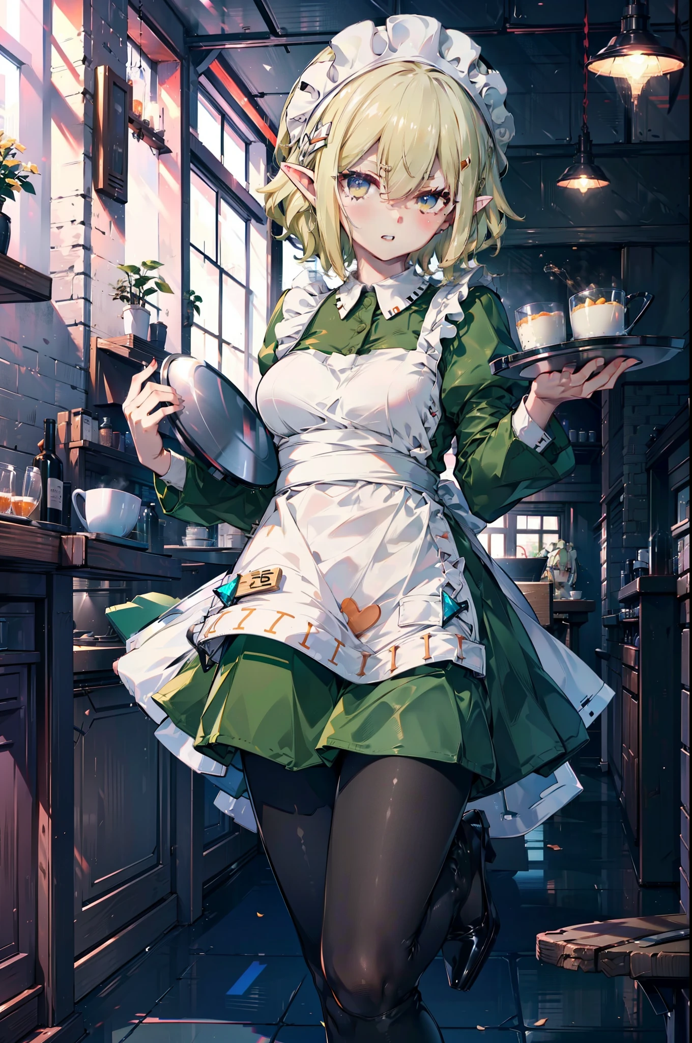 Ryurion, Ryu Lion, Blonde Hair, blue eyes, Fairy, Hair between the eyes, Pointy Ears, short hair, (Small breasts:1.2),
Break Apron, black pantyhose, dress, green dress, Long sleeve, Maid, Maid apron, Maid headdress, pantyhose, White apron,tray, tray in one hand,Stiletto heels,
壊す looking at viewer,whole body, (Cowboy Shot:1. 5)
Indoor rest, Destroy the coffee shop (masterpiece:1.2), highest quality, High resolution, unity 8k wallpaper, (shape:0.8), (Beautiful details:1.6), Highly detailed face, Perfect lighting, Extremely detailed CG, (Perfect hands, Perfect Anatomy),