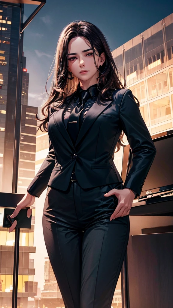 a beautiful clever girl, 19 years old, long wavy dark hair, perfect body, perfect anatomy, detailed anatomy, she's firm boss, not bossy, the most respected boss and leader, confident office boss, genius, leader of the office, independent, priceless, charismatic, sleek black suit, white shirt, black tie, expensive suit and shirt, cool and calm, elegant ruler of office, office skyline, (best quality,4k,8k,highres,masterpiece:1.2),ultra-detailed,(realistic,photorealistic,photo-realistic:1.37),HDR,UHD,studio lighting,ultra-fine painting,sharp focus,physically-based rendering,extreme detail description,professional,vivid colors,bokeh,portraits