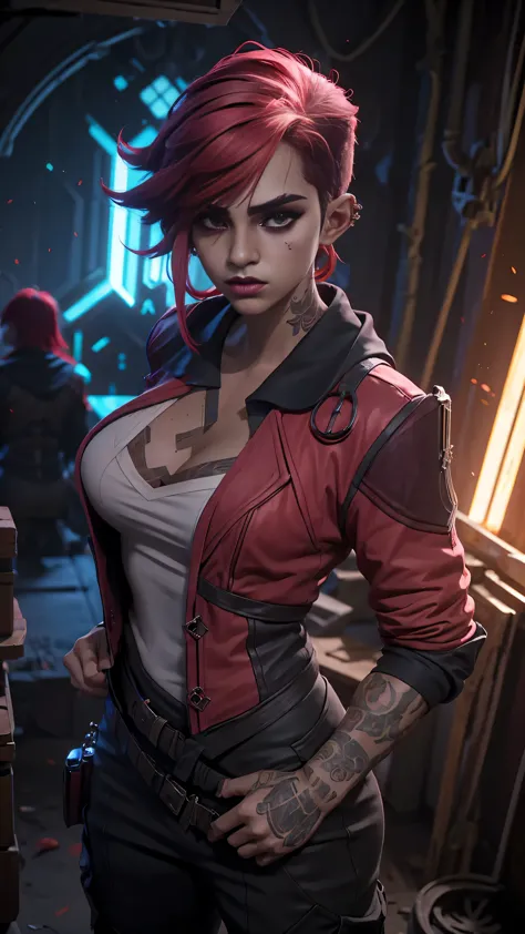 vi de arcane,, uma mulher com cabelo vermelho, mulher cyberpunk mulher anime, pants, deusa cyberpunk raivosa bonita, estilo de a...