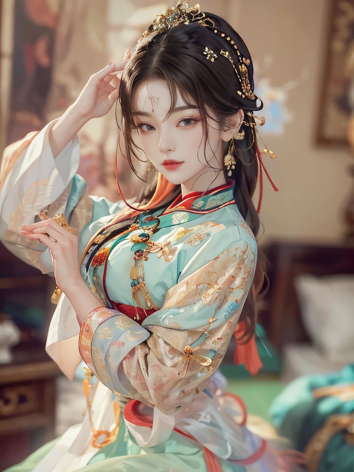 perfect body、A Chinese costume beauty，I&#39;m at the hotel，(go down to bed:1.2)，(touched by men:1.5)，(Being stroked by a man&#39;s crotch:1.1)，seen from the side
（（（master piece）））， （（best quality））， （（intricate details））， （（ultra realistic realism））， ridiculous resolution， mature woman， mature woman， See-through， very detailed， enlightenment， 1. mature woman， （（big breasts）），perfect hands， finger details， detailed and beautiful eyes， white long hair， with brown eyes， name tag， chief executive officer（CEO）， （Hanfu：1.2），tight fitting clothes，Ear Nipple Ring， detailed background， Bedroom， perfect eyes， enchanting eyes，cocked ass，red face，(sob:1.2)，confused eyes，mouth is slightly open