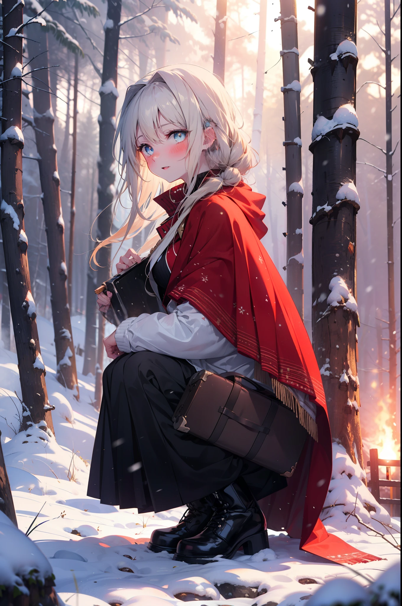 Arisburg, Alice Zuberg, bangs, blue eyes, blonde, Hair between the eyes, Very long hair, hair band, white hair band,smile,blush,White Breath,
Open your mouth,snow,A bonfire on the ground, Outdoor, boots, snowing, From the side, wood, suitcase, Cape, Blurred, forest, White handbag, nature,  Squat, Mouth closed,Cape, winter, Written boundary depth, Black shoes, red Cape break looking at viewer, Upper Body, whole body, break Outdoor, forest, nature, break (masterpiece:1.2), highest quality, High resolution, unity 8k wallpaper, (shape:0.8), (Beautiful and beautiful eyes:1.6), Highly detailed face, Perfect lighting, Highly detailed CG, (Perfect hands, Perfect Anatomy),