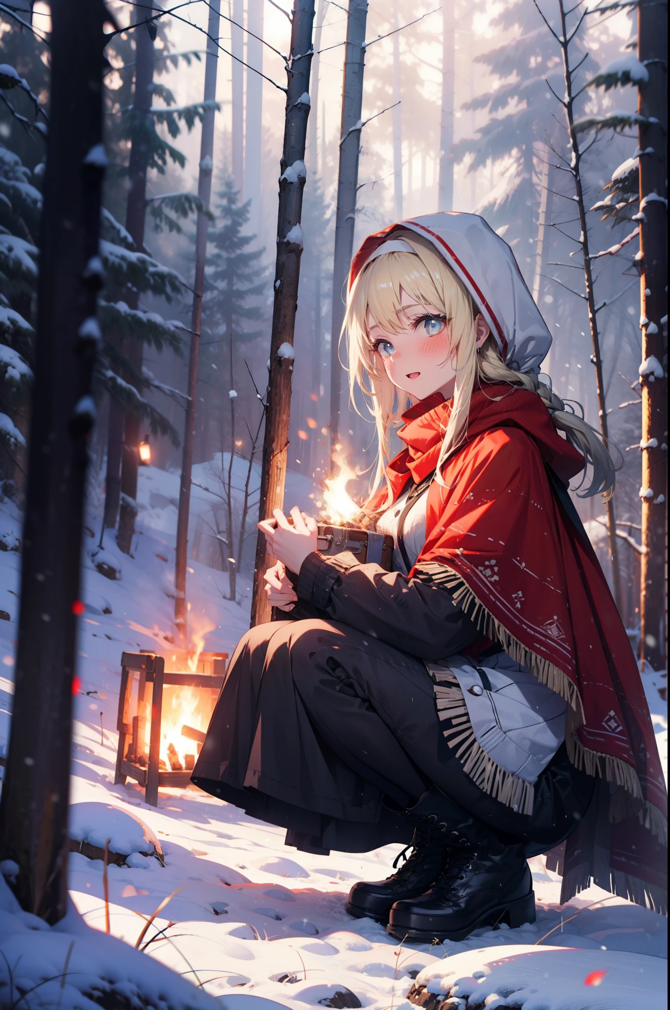 Arisburg, Alice Zuberg, bangs, blue eyes, blonde, Hair between the eyes, Very long hair, hair band, white hair band,smile,blush,White Breath,
Open your mouth,snow,A bonfire on the ground, Outdoor, boots, snowing, From the side, wood, suitcase, Cape, Blurred, forest, White handbag, nature,  Squat, Mouth closed,Cape, winter, Written boundary depth, Black shoes, red Cape break looking at viewer, Upper Body, whole body, break Outdoor, forest, nature, break (masterpiece:1.2), highest quality, High resolution, unity 8k wallpaper, (shape:0.8), (Beautiful and beautiful eyes:1.6), Highly detailed face, Perfect lighting, Highly detailed CG, (Perfect hands, Perfect Anatomy),