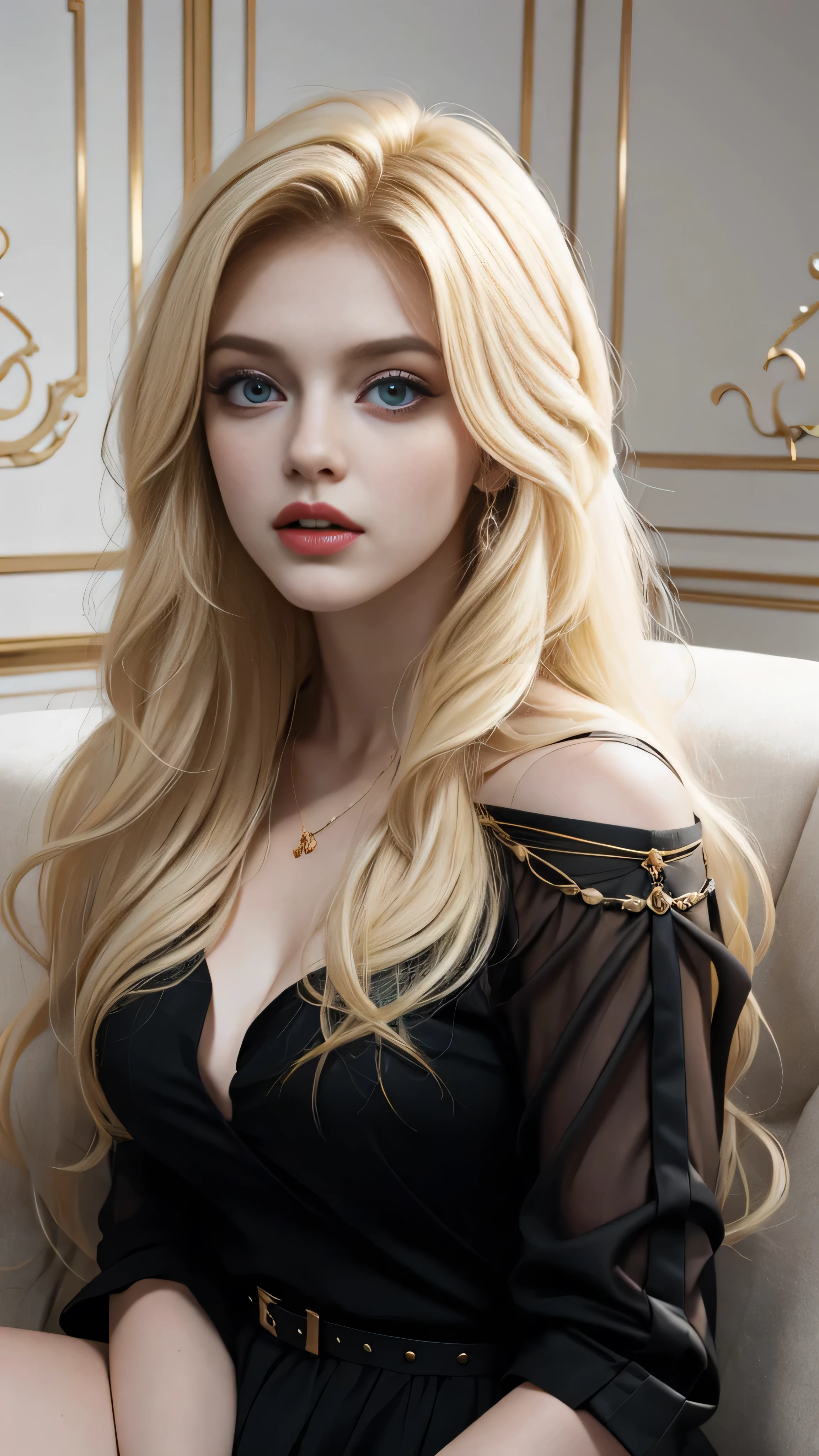 A blonde woman wearing a black dress is sitting on a sofa in the room, With long blonde hair, Dasha Taran, Yelena Belova, 18 years old, Long blonde hair and big eyes, Anastasia Ovchennikova, Ava Max, Jaw-dropping beauty, 2 4 year old female model, Angelina Stroganova, Photo by Sophie Maud