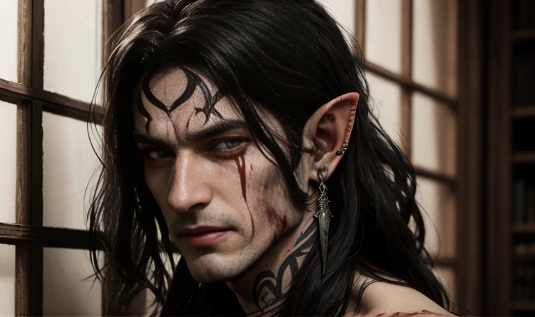 "((highly detailed, detailed eyes, detailed face, clear and realistic facial features, photorealistic, realistic light; cinematic)), (close up) mysterious male Tuatha de Danann hunter assassin, ethereal-looking, wearing fine elven clothing for the hunt, black hair, creepy, sleek, feral, intense eyes, hunting you, heavy black tattoos over body, heavily tattooed, naked, blood on body and face, vicious, bloody, brutal, scary, dangerous, masculine, elven ears, seductive, smirking, looking at camera"
