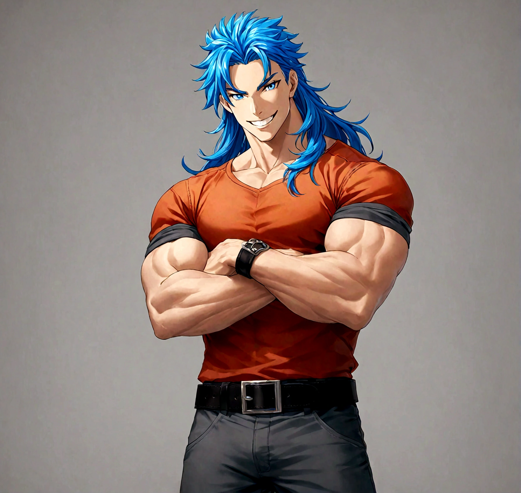 solo, long hair, looking at viewer, smile, blue eyes, simple background, shirt, 1boy, blue hair, male focus, cowboy shot, teeth, belt, pants, grey background, grin, muscular, own hands together, muscular male, sleeves rolled up, black belt