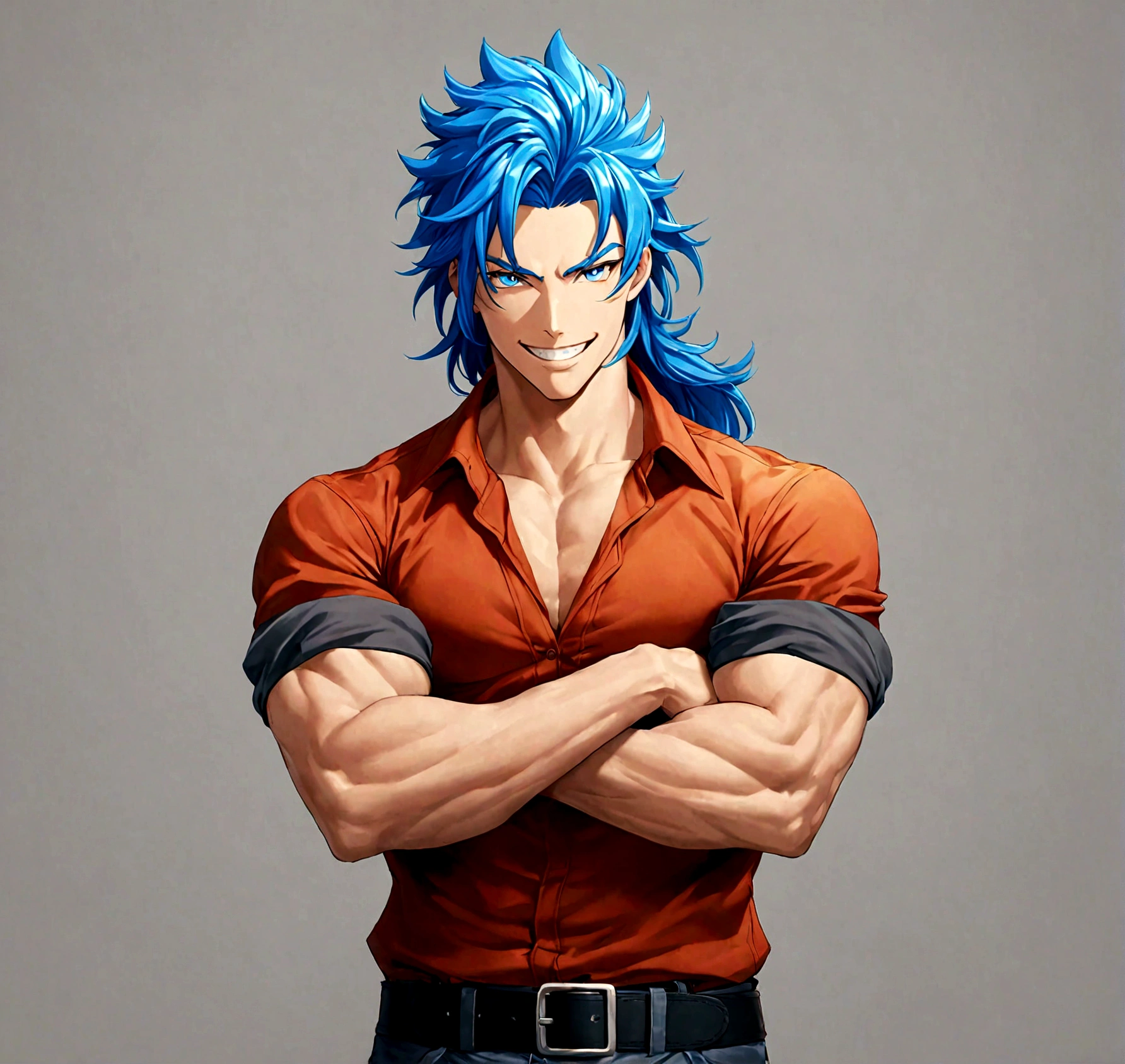 solo, long hair, looking at viewer, smile, blue eyes, simple background, shirt, 1boy, blue hair, male focus, cowboy shot, teeth, belt, pants, grey background, grin, muscular, own hands together, muscular male, sleeves rolled up, black belt