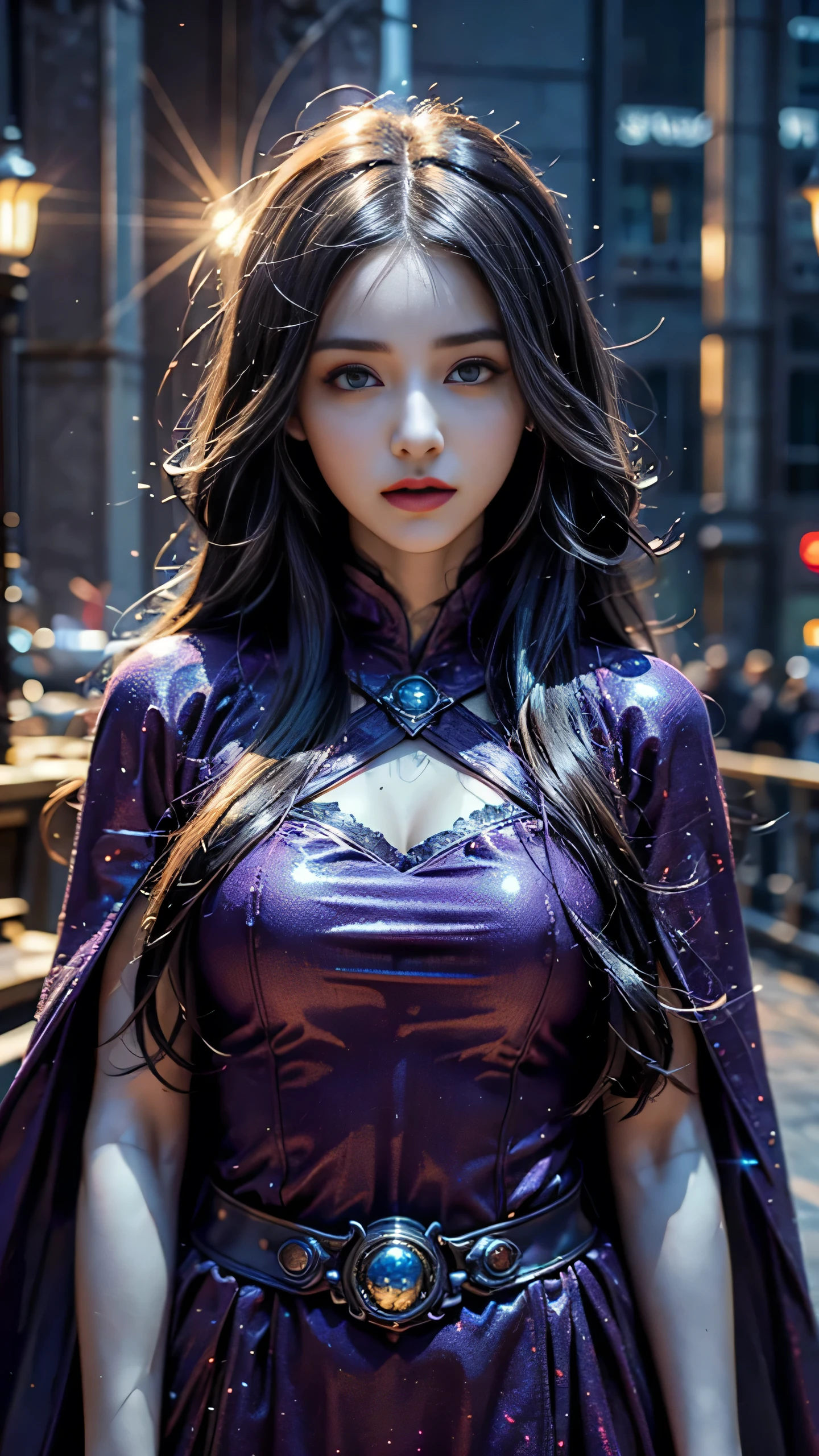 4k, Ultra HD, chef-d&#39;œuvre, 1 fille, beau visage, ((yeux détaillés)), cheveux très longs, coiffure impressionnante, seins parfaits, cosplay fantastique, cosplay violet, cap, ville de nuit, bâtiment, les lampes, profondeur de champ, réflexion de la lumière, scintillait,