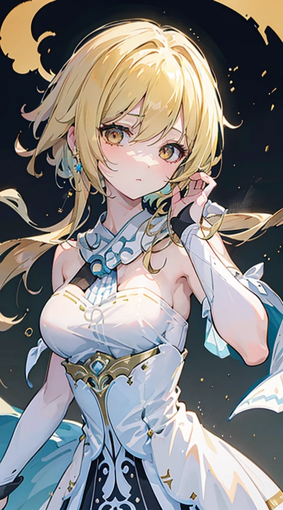 lumine, (masterpiece), (best quality), (ultra detailed), (disheveled hair), (illustration), (1girl), beautifuldetailedeyes, delicate beautiful face, (high saturation), (colorful splashes), (shining), genshin impact, blonde hair, golden eyes, , medium boobs, gold earring