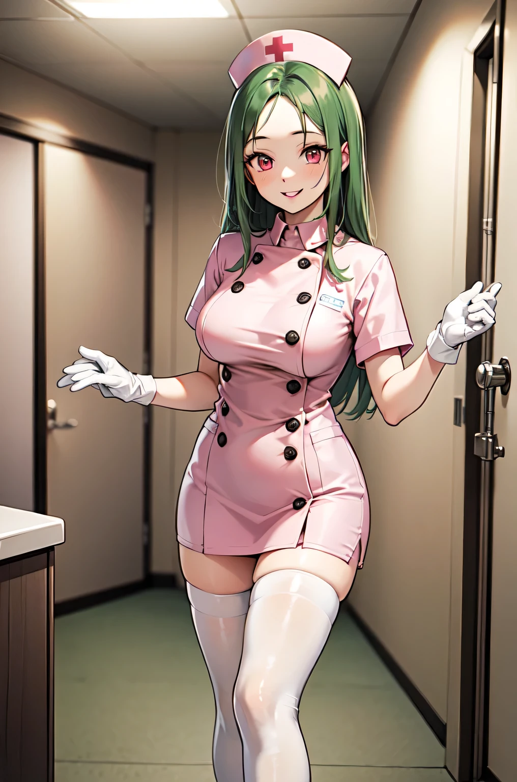 1woman, solo, nurse, white nurse cap, white nurse uniform, ((white legwear, zettai ryouiki)), white gloves, forehead, long hair, green hair, pink eyes, pink lips, smile, standing, ((hospital room)), sharp outline, short sleeves, mature female, 3, best quality, masterpiece