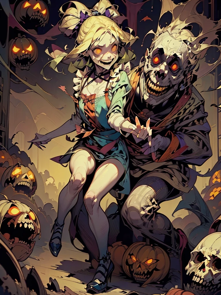 Gruesome and spooky details、An atmosphere full of suspense and tension、Psychological horror、Cute Smile、Mysterious and unsettling atmosphere、A terrifying moment、Nightmare scenario、Alice in Wonderland、Blonde、Big shoes、Enthusiastic atmosphere、Mischievous Smile、Expressive gestures、Comical movement、Psychedelic world