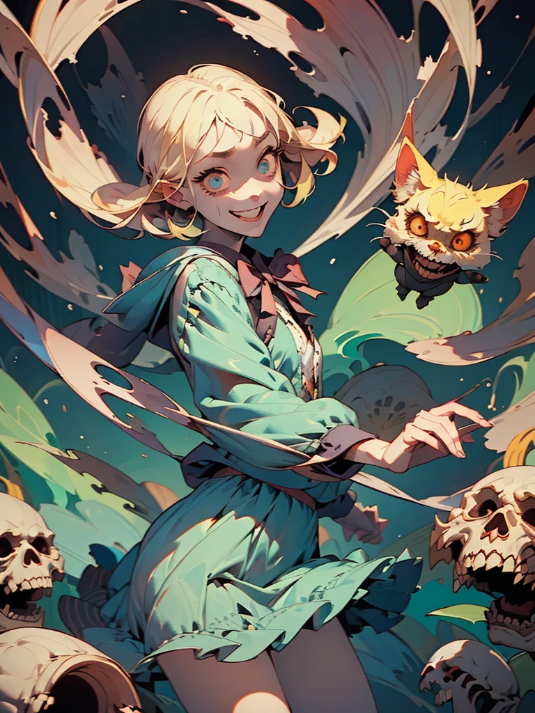 Cute Smile、Mysterious and unsettling atmosphere、A terrifying moment、Nightmare scenario、Alice in Wonderland、Enthusiastic atmosphere、Mischievous Smile、Expressive gestures、Comical movement、Blonde、Light blue outfit
