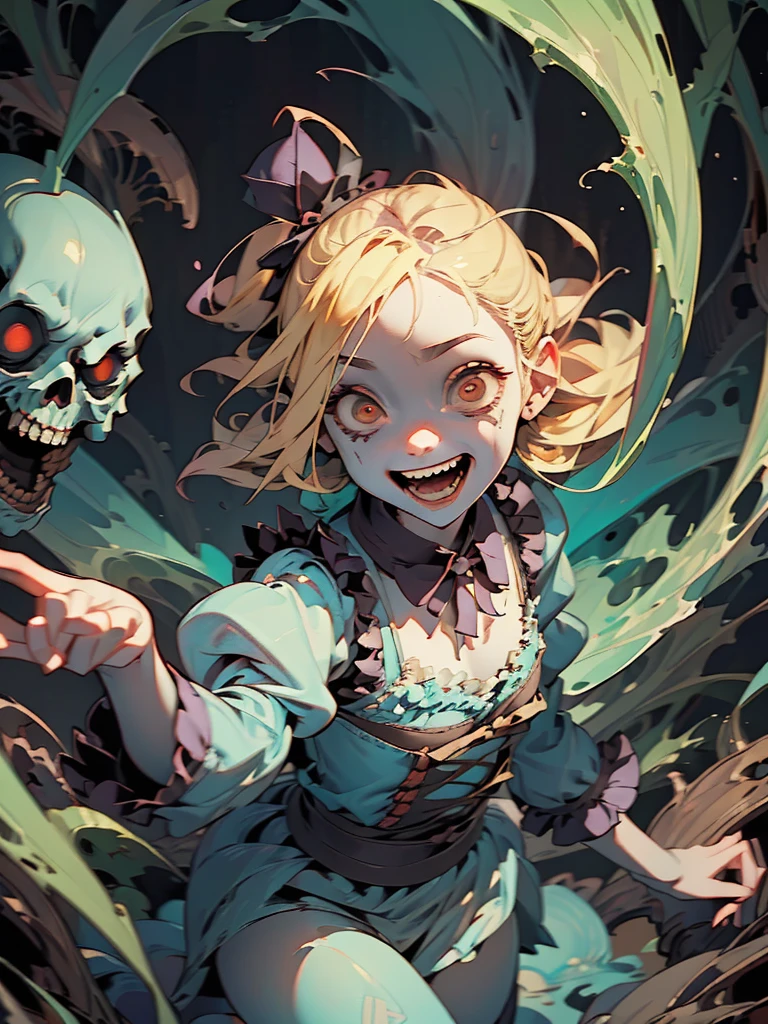 Gruesome and spooky details、An atmosphere full of suspense and tension、Psychological horror、Cute Smile、Mysterious and unsettling atmosphere、A terrifying moment、Nightmare scenario、Alice in Wonderland、Enthusiastic atmosphere、Mischievous Smile、Expressive gestures、Comical movement、Blonde、Light blue outfit
