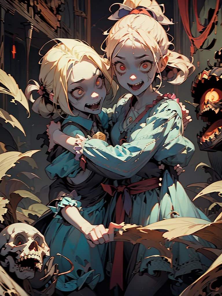 Gruesome and spooky details、An atmosphere full of suspense and tension、Psychological horror、Cute Smile、Mysterious and unsettling atmosphere、A terrifying moment、Nightmare scenario、Alice in Wonderland、Enthusiastic atmosphere、Mischievous Smile、Expressive gestures、Comical movement、Blonde、Light blue outfit
