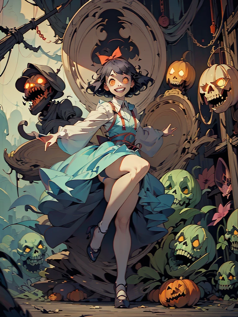 Gruesome and spooky details、An atmosphere full of suspense and tension、Psychological horror、Cute Smile、Mysterious and unsettling atmosphere、A terrifying moment、Nightmare scenario、Alice in Wonderland、Showing off her panties、Big shoes、Enthusiastic atmosphere、Mischievous Smile、Expressive gestures、Comical movement、