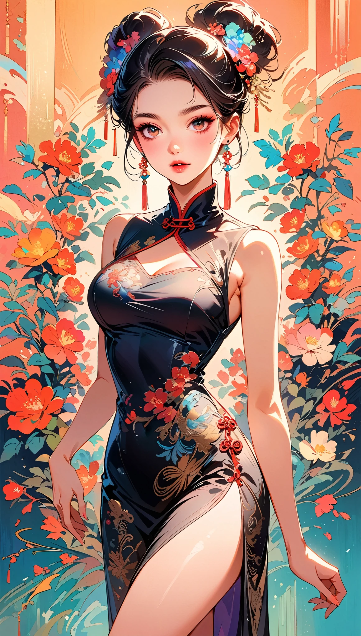 Sexy en cheongsam chino,ilustración,moda de alta gama,ojos hermosos y delicados,labios hermosos y delicados,Pestañas largas,Maquillaje exquisito,Colores vibrantes,Postura,Fondo atractivo,Iluminación estilizada,estilo de edición,elementos culturales chinos,Bordado exquisito,patrón detallado,Un giro moderno,encanto femenino,complicado,Futuristic,peinado elegante,Accesorios exquisitos,Tentador,Usar tacones altos con estilo,telas lujosas,Hermosos movimientos,expresión segura,atmósfera etérea,composición colorida,Atención impecable al detalle,Elegancia moderna,ojos expresivos,iluminación dramática,integración perfecta,talento artístico,textura rica,Perfecto sentido de la moda,luces de colores,atmósfera sensual,una declaración de moda audaz,composición elegante