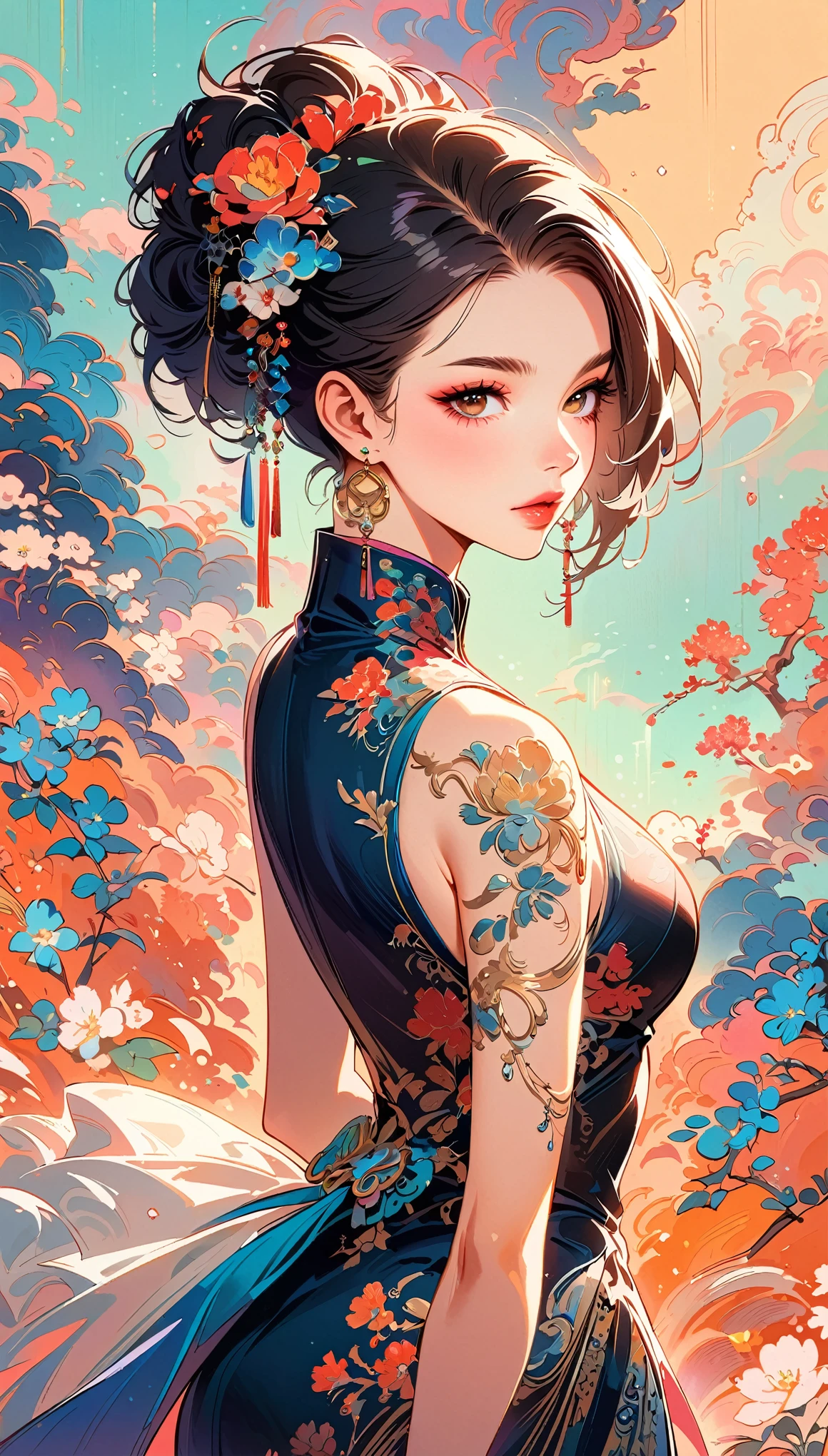 Sexy en cheongsam chino,ilustración,moda de alta gama,ojos hermosos y delicados,labios hermosos y delicados,Pestañas largas,Maquillaje exquisito,Colores vibrantes,Postura,Fondo atractivo,Iluminación estilizada,estilo de edición,elementos culturales chinos,Bordado exquisito,patrón detallado,Un giro moderno,encanto femenino,complicado,Futuristic,peinado elegante,Accesorios exquisitos,Tentador,Usar tacones altos con estilo,telas lujosas,Hermosos movimientos,expresión segura,atmósfera etérea,composición colorida,Atención impecable al detalle,Elegancia moderna,ojos expresivos,iluminación dramática,integración perfecta,talento artístico,textura rica,Perfecto sentido de la moda,luces de colores,atmósfera sensual,una declaración de moda audaz,composición elegante