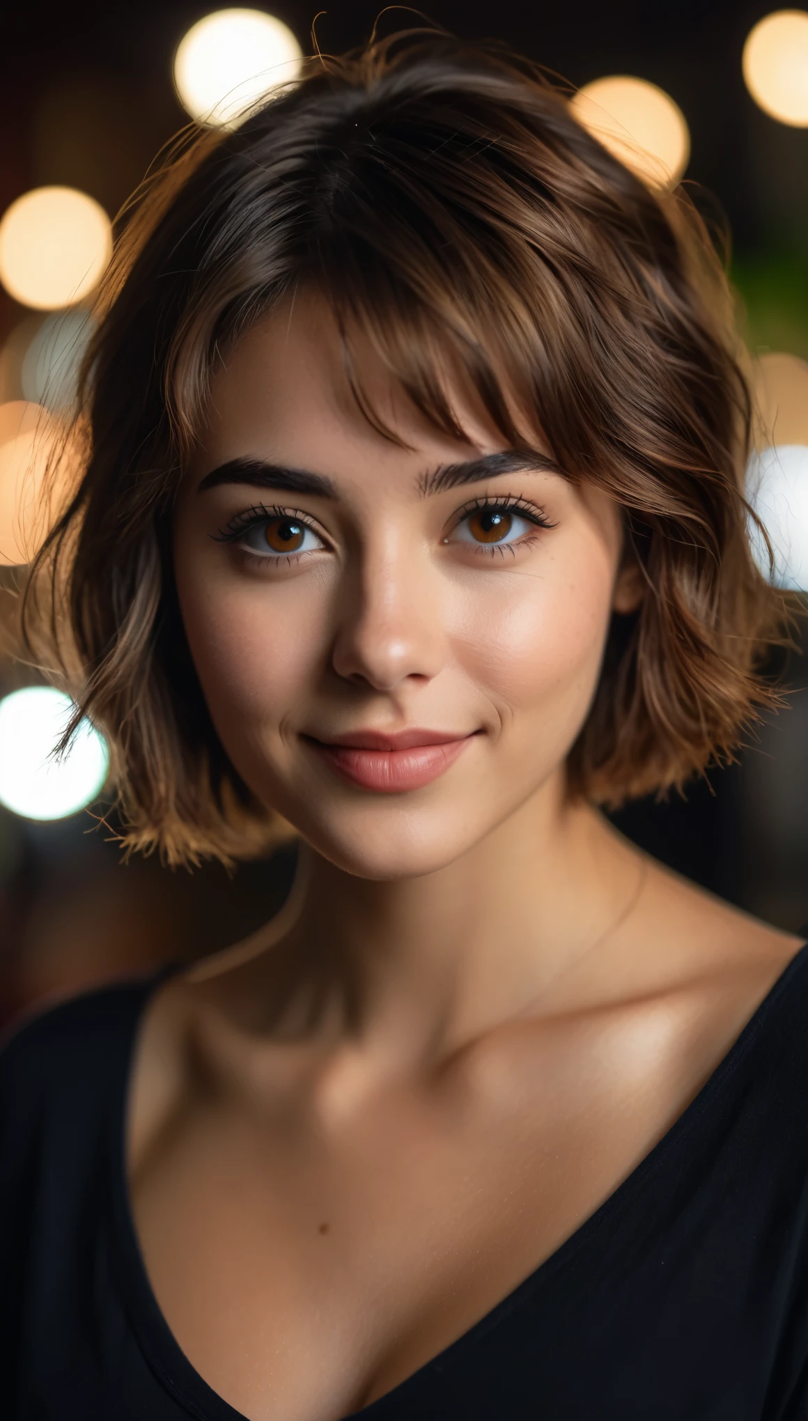 Night, RAW Photography, (((Very Beautiful Portrait))), (Very Beautiful Portrait))), 1 Girl, Sexy 25 Year Old Girl, ((Natural Brown Hair with Short Cuts)), [Brown Eyes],Gentle Smile Staring at the Camera(cleavage), ((Masterpiece, Best Quality, Ultra Detail, Cinematic Lights, Intricate Detail, High Definition, 8k, Very Detailed)), Detail Background, 8k UHD, DSLR, soft lighting, high quality, film grain, fujifilm XT3, shallow depth of field, natural light, perfect face