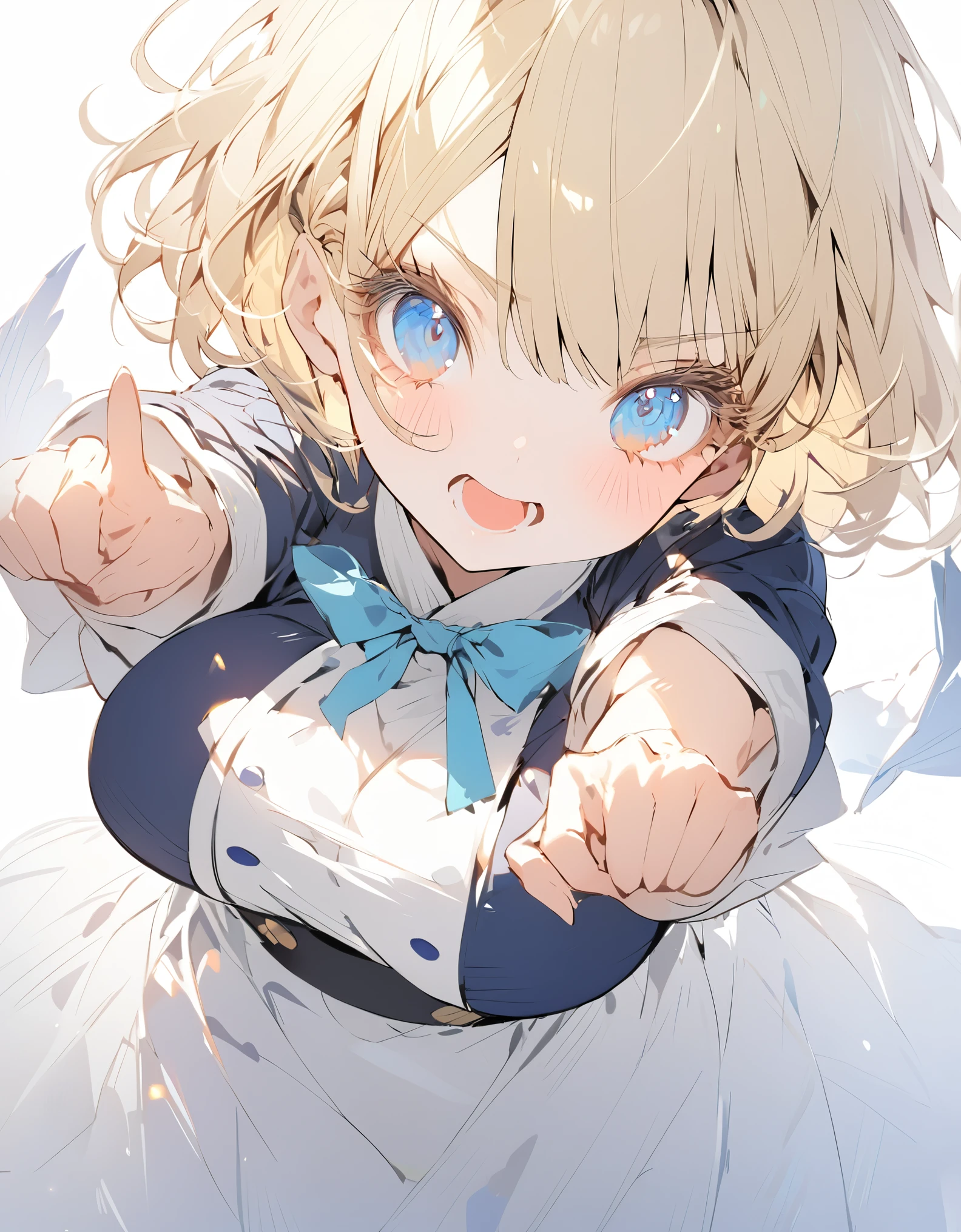 Masterpiece Japanese Anime（sketch:1.2）Navy blue original uniform (Little Girl:1.5), (blonde:1.5）(eyelash:1.2)eye shadow (Short Bob Hair:1.4), (Blue eyes)(Big Breasts:1.3)Cute pose
