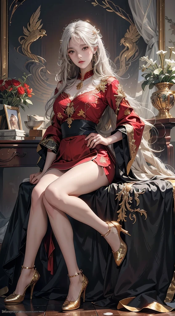 ((masterpiece, best quality)), Delicate face, Character Design Sheet，Full Body Love, Rich in details, Multiple poses and expressions, Very detailed, depth, Many parts，beautiful girl，light，Luminescence，Red and Gold，Phoenix decoration，Gauze，Lace，lace pantyhose，High heel