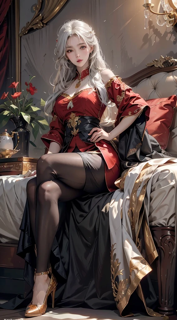 ((masterpiece, best quality)), Delicate face, Character Design Sheet，Full Body Love, Rich in details, Multiple poses and expressions, Very detailed, depth, Many parts，beautiful girl，light，Luminescence，Red and Gold，Phoenix decoration，Gauze，Lace，lace pantyhose，High heel