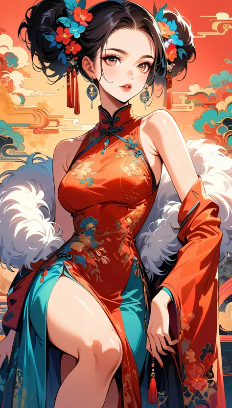 Sexy in Chinese cheongsam,illustration,High-end fashion,Beautiful and delicate eyes,Beautiful and delicate lips,Long eyelashes,E...