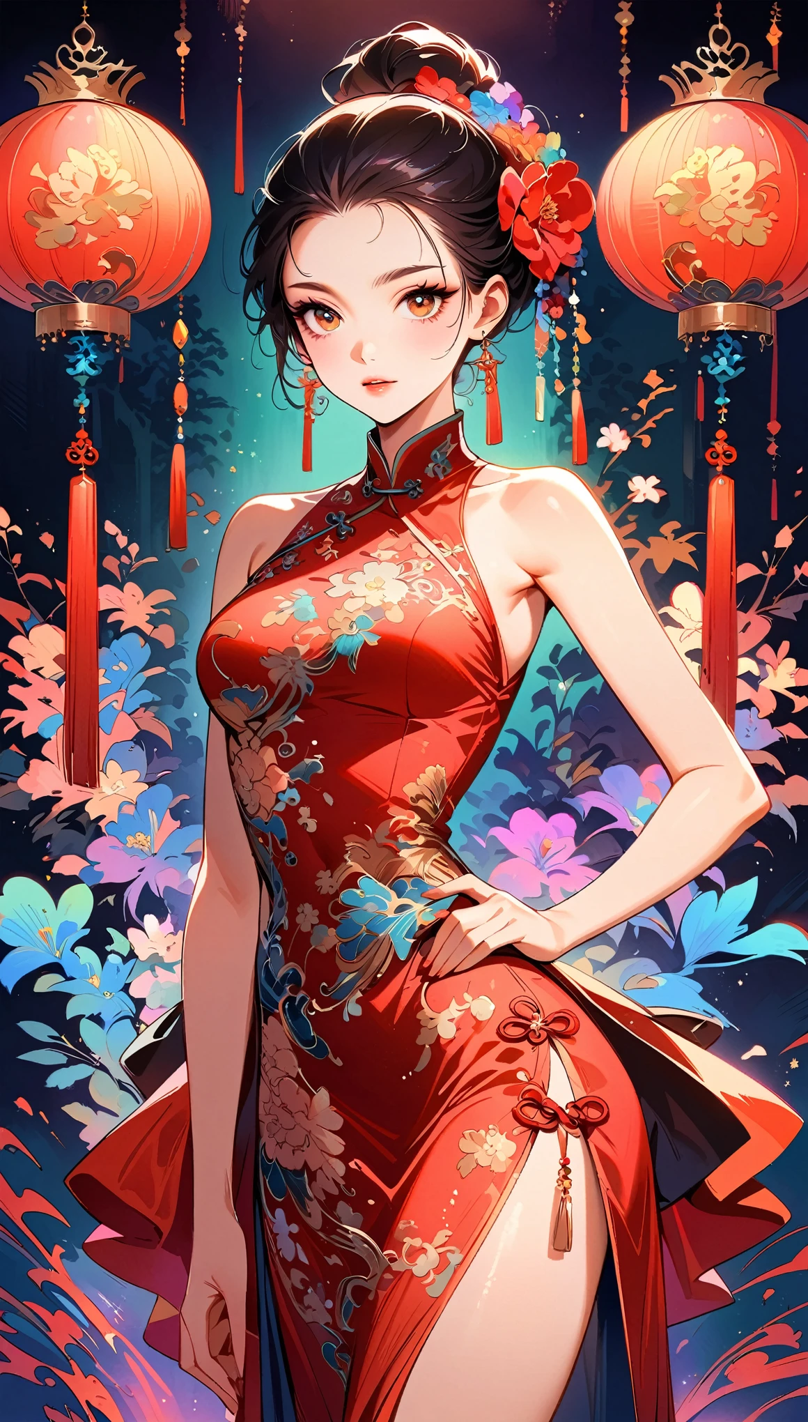 Sexy in Chinese cheongsam,illustration,High-end fashion,Beautiful and delicate eyes,Beautiful and delicate lips,Long eyelashes,Exquisite makeup,Vibrant colors,posture,Attractive background,stylized lighting,editing style,Chinese cultural elements,Exquisite embroidery,Detailed pattern,A modern twist,Feminine charm,complicated,Futuristic,Chic hairstyle,Exquisite accessories,Tempting,Wearing stylish high heels,Luxurious fabrics,Beautiful movements,Confident expression,Ethereal atmosphere,Colorful composition,Impeccable attention to detail,Modern elegance,expressive eyes,Dramatic Lighting,Seamless integration,Artistic talent,Rich texture,Perfect fashion sense,Colored lights,sensual atmosphere,A bold fashion statement,Stylish composition