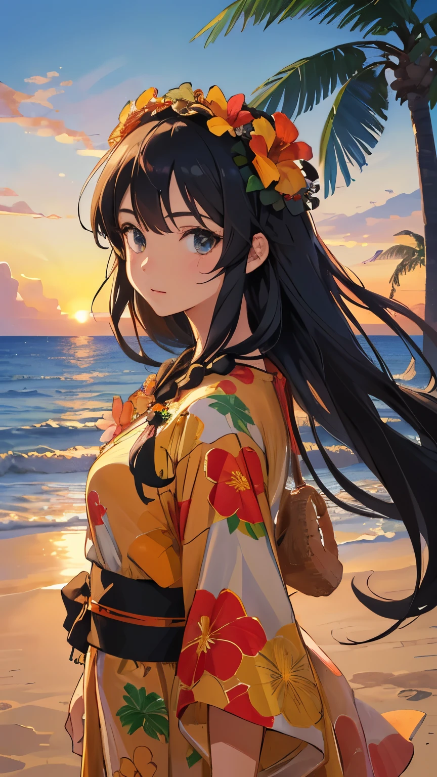 ((best quality)), ((masterpiece)), (detailed face and eyes), perfect face, long hair, black hair, Wearing a muumuu, Hawaii, flower necklace, Hawaiian dress, Hawaiian lei around neck, flower on head, cowboy shot, at beach, sunset, mature, anime style, Pop art, 8k