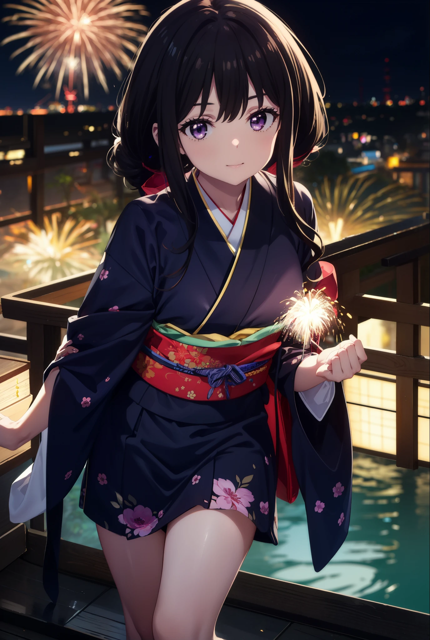 Takiuchi, Check it out,One Girl, Long Hair, bangs, Black Hair, (Purple eyes:1.2),Flower Hair Ornaments,hair tied back,smile,blush,Embarrassing,Blue Kimono,Blue long skirt,Sandals,日本のfestival，夏festivalの屋台、Red lantern,Fireworks in the night sky,Fireworks,The place is a fireworks display,Time is night,whole bodyがイラストに入るように,Looking up from below、Walking,
break outdoors, festival,shrine,
break looking at viewer, whole body,  (Cowboy Shot:1. 5)
break (masterpiece:1.2), highest quality, High resolution, unity 8k wallpaper, (figure:0.8), (Beautiful fine details:1.6), Highly detailed face, Perfect lighting, Highly detailed CG, (Perfect hands, Perfect Anatomy),