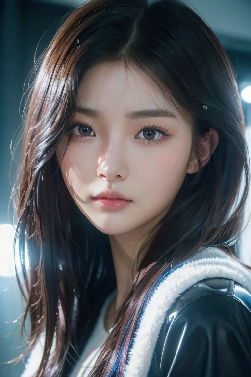 1fille, photo solo, Kim Yoo-jung, (visage de déesse de la beauté (mixrusse)), (oeil très expressif),((pupille de réflexion)), (Insulte bande couleur cheveux), (Visage détaillé extrêmement réaliste 8k HD:1.5 (Scène douce, éclair très faible),  chef-d&#39;œuvre:1.3, ultra haute résolution:1.2, éclairage dynamique), Scène cinématographique, 