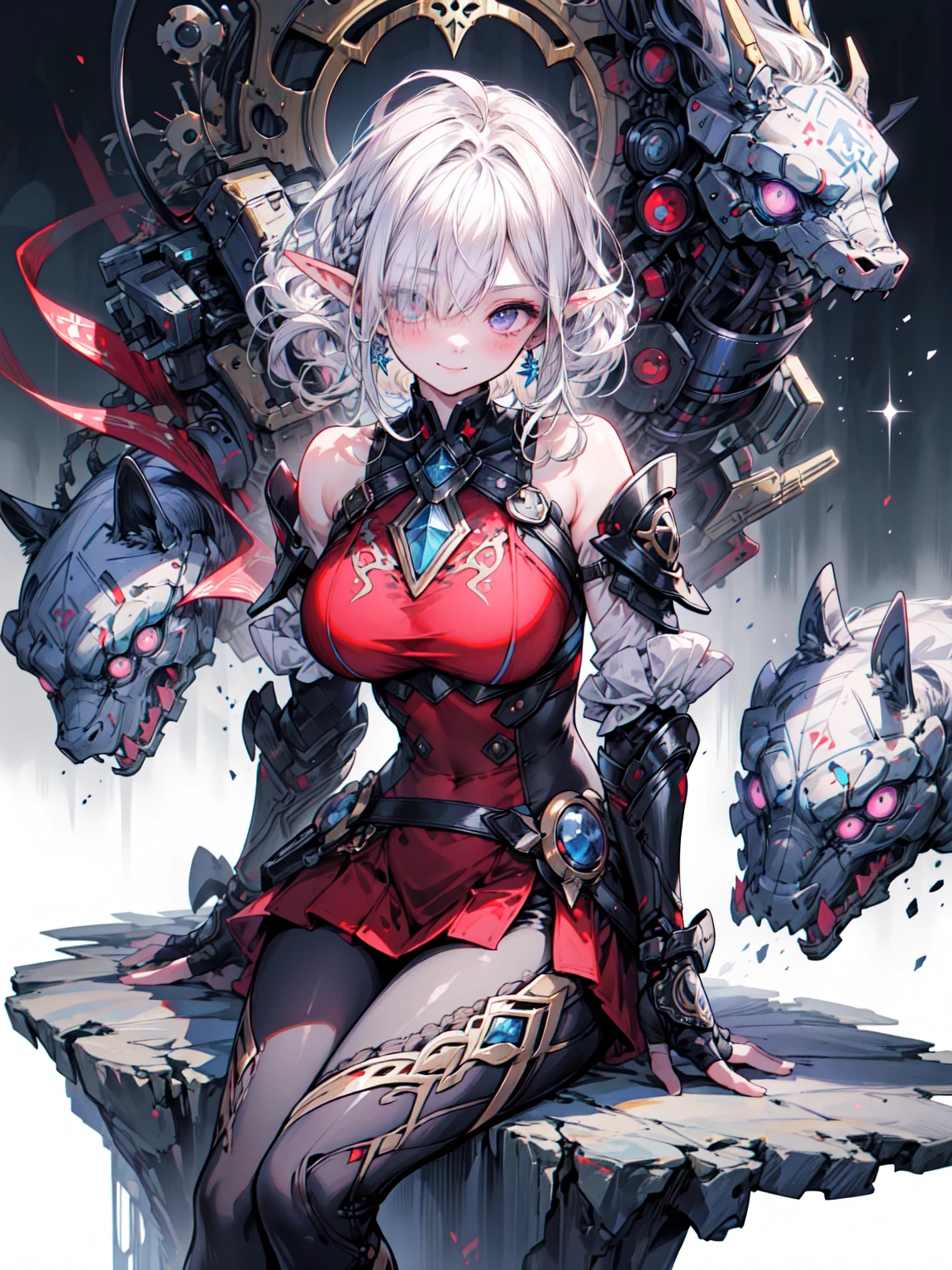 detailed illustration of warrior girl with short black hair, wearing red top and intricate armored gauntlets and shoulder plates, she is sitting on rock with large, ornate sword resting beside her, the background is vibrant blue sky, manga art style, dynamic manga illustrations、 , Blake、非常にdetailed (Dark Elf), (1 girl), alone, Perfect Face, detailed, Ahoge, ((Long Hair:1.2)), (Hair above one eye:1.3), [[Messy Hair]], Shiny blonde white hair, Purple eyes, Variegated eyes, Colorful Hair, Shining Eyes, Bright Eyes, Face imprint, (eyelash, eye shadow, pink eye shadow), smile, design art by Mikimoto Haruhiko, by Kawashi, by Yoshitaka Amano,Blake、 ((Perfect Anatomy)), Nice body, Big Breasts、(非常にdetailed指), Best Hand, Perfect Face,(Perfect Fingers), Correct Anatomy,