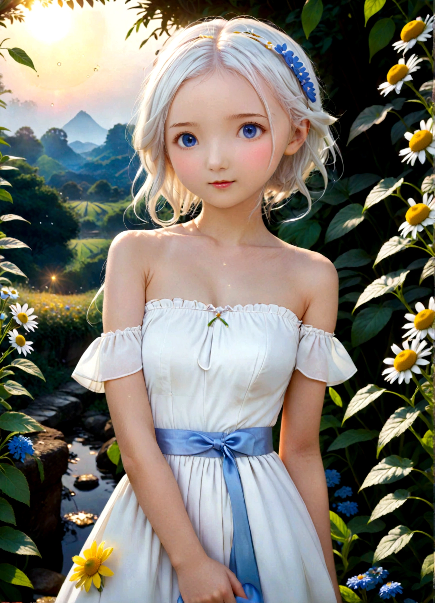 Magazine cover(masterpiece, best quality:1.2),(masterpiece),(best quality),illustration,ultra detailed,hdr,Depth of field,(colorful),loli,yellow theme,the setting sun,Chamomile,Chamomile,cornflower,vines,forest,ruins,lens flare,hdr,Tyndall effect,damp,wet,1girl,bare shoulders,broken glass,broken wall,white hair,white dress,closed mouth,constel lation,flat color,braid,blinking,white robe,float,closed mouth,constel lation,flat color,looking up,standing,medium hair,standing,solo, , , , ,（8K）（HD）