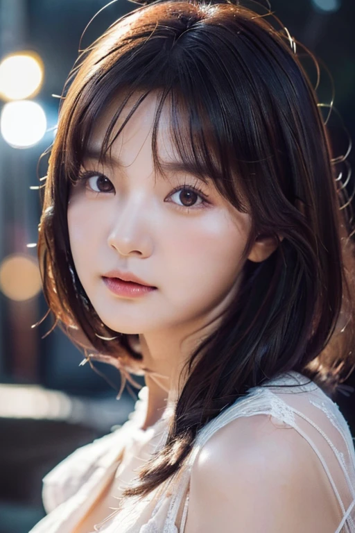 1girl, solo picture, Kim Yoo-jung, (beauty goddess face (mixRussian)), (insult strip colour hair), (8k HD extremely realistic detailed face:1.5 (soft scene, very low lightning),  masterpiece:1.3, ultra highres:1.2, dynamic lighting), cinematic scene, 