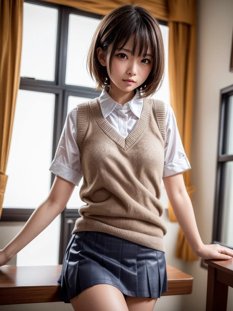 Masterpiece, Top Quality, Top Mikoto, brown eyes, short hair, small breasts, looking at viewer, alone, closed mouth, collared shirt, beige knit vest, dark blue  Skirt, school_uniform, shirt, white_shirt, classroom,Masterpiece, highest quality, 8K, detailed skin texture, fine cloth texture, beautiful detailed face, intricate details, super detailed,cute,cute posing,composition that shows the whole body,