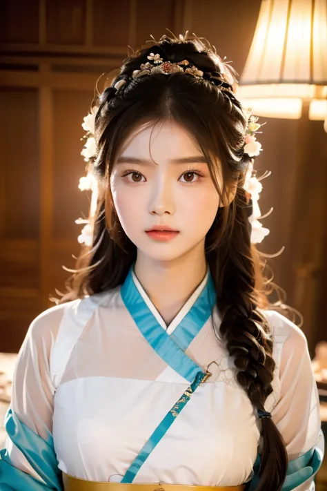 1girl, solo picture, Kim Yoo-jung, (beauty goddess face (mixRussian)), (sexy hanfu cloath), (8k HD extremely realistic detailed ...