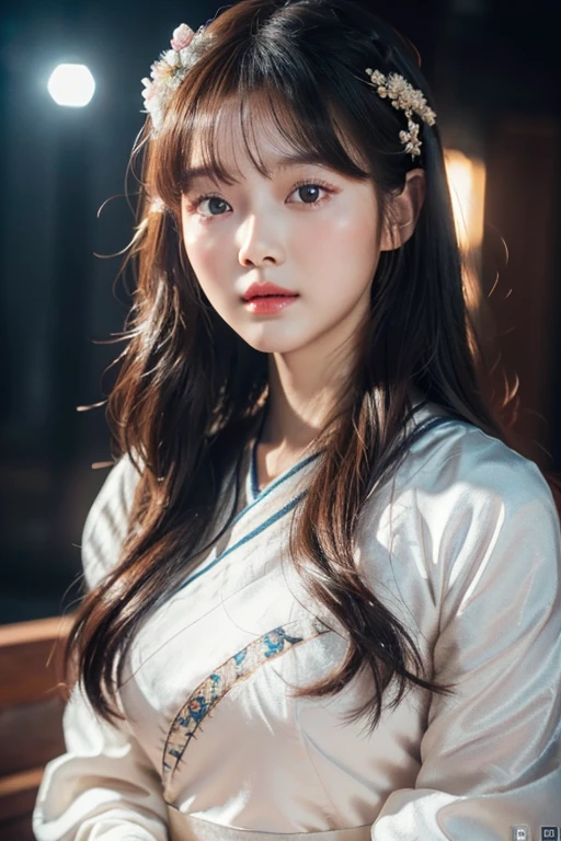 1girl, solo picture, Kim Yoo-jung, (beauty goddess face (mixRussian)), (sexy hanfu cloath), (8k HD extremely realistic detailed face:1.5 (soft scene, very low lightning),  masterpiece:1.3, ultra highres:1.2, dynamic lighting), cinematic scene, 