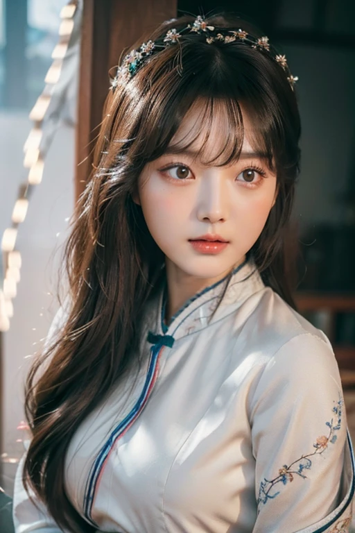 1girl, solo picture, Kim Yoo-jung, (beauty goddess face (mixRussian)), (sexy hanfu cloath), (8k HD extremely realistic detailed face:1.5 (soft scene, very low lightning),  masterpiece:1.3, ultra highres:1.2, dynamic lighting), cinematic scene, 