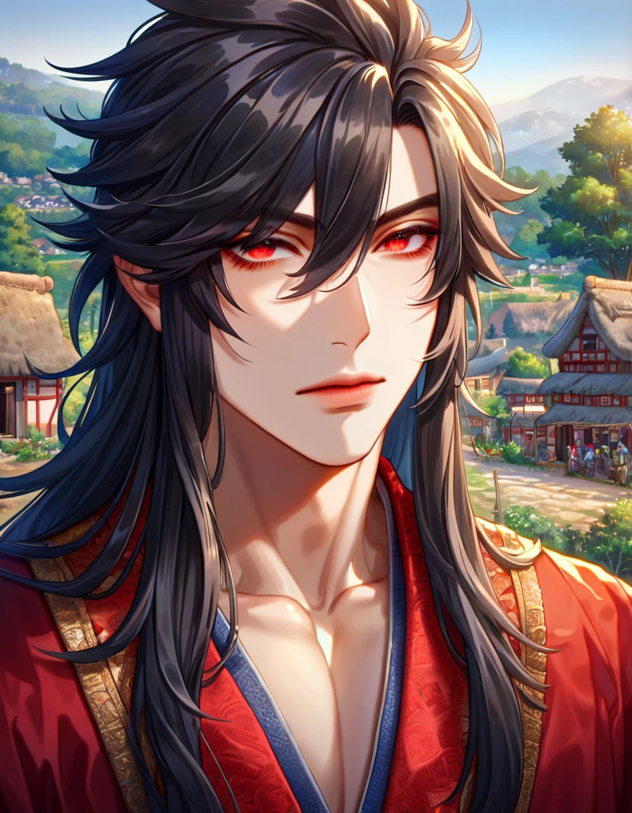 absurdres, highres, ultra detailed, HDR, master piece, best quality, extremely detailed face, delicated features, Xue Yu, untamed spiky hair, black long hair, hair between the eyes, expressive red eyes, Thousand Years War, solo, sexy man,handsome, red robes, village, trees, traditional houses