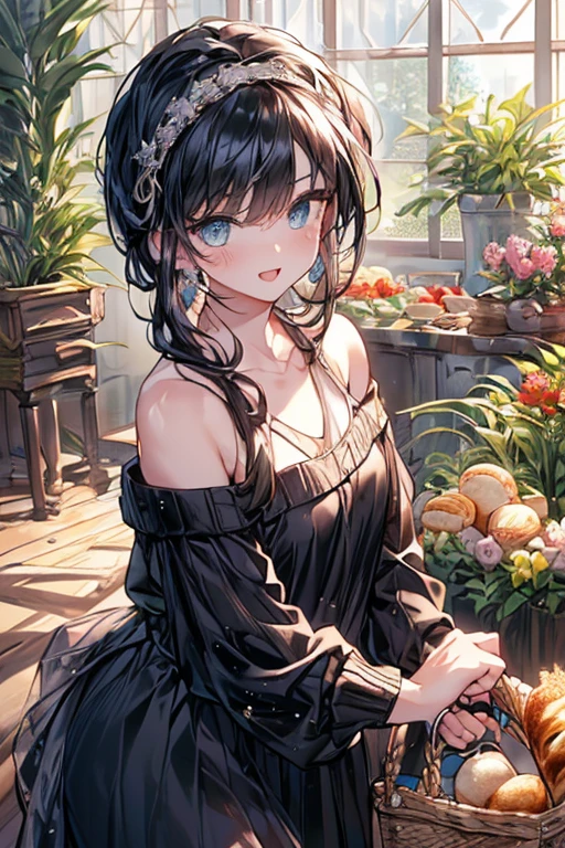 (perky chest:1.2), (pointed chest:1.2),(((Black Tunic:1.3))),(((cakes and bread in the basket),Cute and beautiful girl,Cute round face,Cute smile,with blush cheeks,Red Lip,solo, looking at viewer, open mouth, have a cute grass of cute beergrass,black hair, dark green eyes, dress, bare shoulders, jewelry, collarbone, sidelocks, hairband, earrings, indoors, off shoulder, sweater, arms behind back, plant, short hair with long locks, gild hairband, off-shoulder dress, sweater dress, off-shoulder sweater, black sweater, dark gord hair, big side hair, very long side hair,is rendered in (masterpiece: 1.2, best quality), with (ultra high resolution) and an exquisite (depth of field),(Bangs are see-through bangs),hair pin,hair adornments,detailed clothes features,Detailed hair features,detailed facial features,(Dynamic angles),(Dynamic and sexy poses),Cinematic Light,(masutepiece,top-quality,Ultra-high resolution) ,(The 8k quality,Anatomically accurate facial structure,),(Sea Art 2 Mode:1.3),(Image Mode Ultra HD) ,(Hold a coffee in your hand:1.3),delicate beautiful face, Bright blue eyes, cute eyes, sparkling eyes, Big eyes, (perky chest:1.1), (pointed chest:1.3), looking at viewer, 