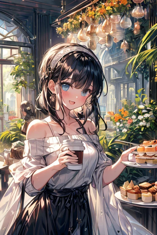 (perky chest:1.2), (pointed chest:1.2),(((Black Tunic:1.3))),(((cakes and bread in the basket),Cute and beautiful girl,Cute round face,Cute smile,with blush cheeks,Red Lip,solo, looking at viewer, open mouth, have a cute grass of cute beergrass,black hair, dark green eyes, dress, bare shoulders, jewelry, collarbone, sidelocks, hairband, earrings, indoors, off shoulder, sweater, arms behind back, plant, short hair with long locks, gild hairband, off-shoulder dress, sweater dress, off-shoulder sweater, black sweater, dark gord hair, big side hair, very long side hair,is rendered in (masterpiece: 1.2, best quality), with (ultra high resolution) and an exquisite (depth of field),(Bangs are see-through bangs),hair pin,hair adornments,detailed clothes features,Detailed hair features,detailed facial features,(Dynamic angles),(Dynamic and sexy poses),Cinematic Light,(masutepiece,top-quality,Ultra-high resolution) ,(The 8k quality,Anatomically accurate facial structure,),(Sea Art 2 Mode:1.3),(Image Mode Ultra HD) ,(Hold a coffee in your hand:1.3),delicate beautiful face, Bright blue eyes, cute eyes, sparkling eyes, Big eyes, (perky chest:1.1), (pointed chest:1.3), looking at viewer, 